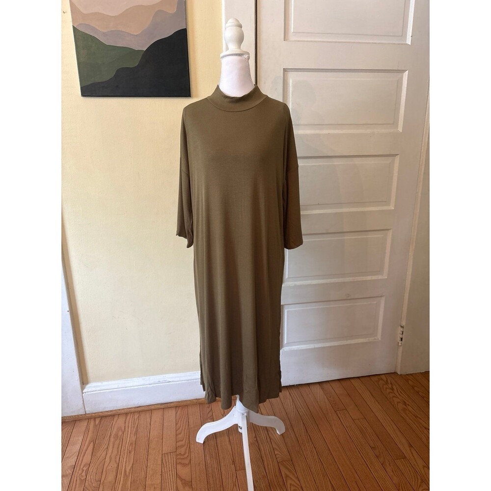 Womens maxi dress mock neck turtleneck olive green 3/4 sleeves modest casual